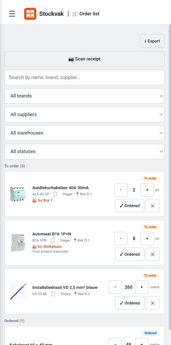 Order list with items to order and ordered items